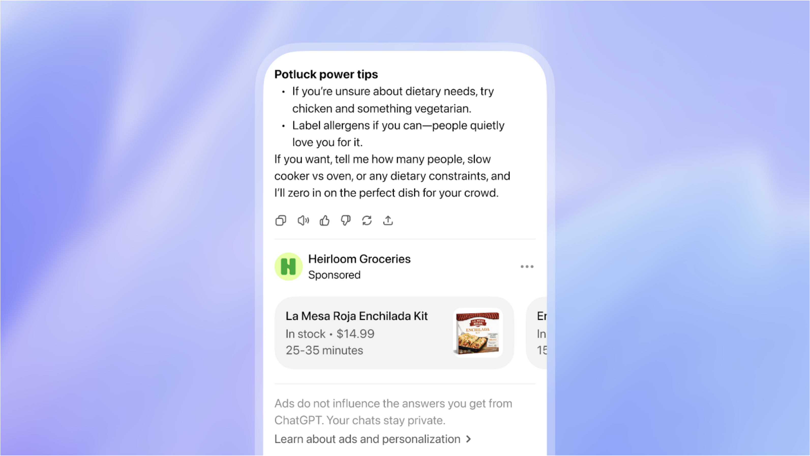 A sponsored product placement inside a ChatGPT answer