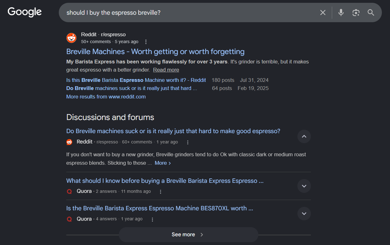 Google results for a buying question, dominated by Reddit threads from r/espresso